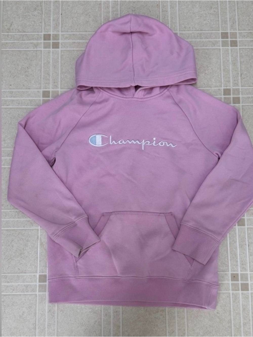 Champion Girls Large Pink Fleece Hoodie Embroidered Script Logo Pullover